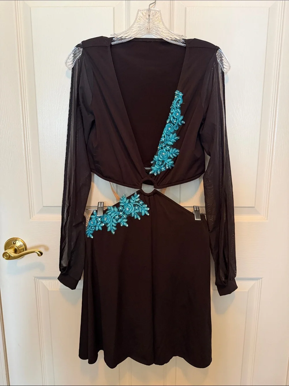 Weissman Black Dance Dress with Teal Floral Appliqué